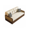 Beige sofa with brown wooden frame and checkered cushions on a white background