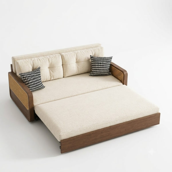 Sofa bed with beige cushions and wooden frame on a white background