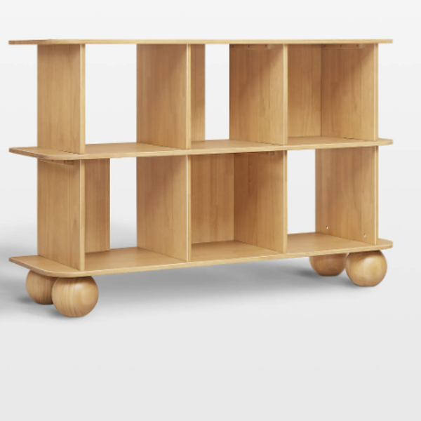 Wooden shelf with four shelves and round legs on a white background