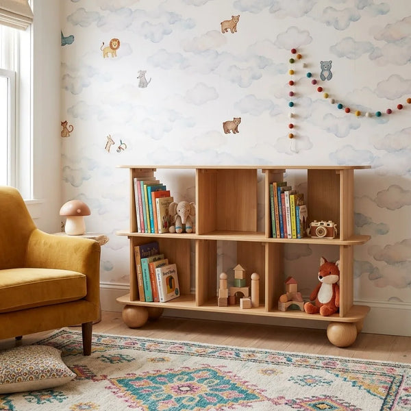 Wooden bookshelf with books and toys in a child's room with cloud-themed wallpaper.
