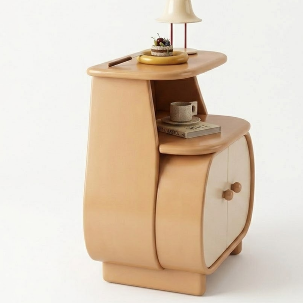 Wooden side table with a lamp and cup on a white background