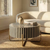 Modern coffee table with striped design in a living room setting