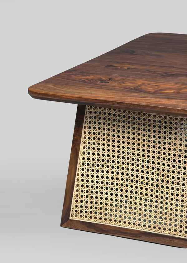 Classic Rattan Sheesham Solid Wood Walnut Finish Coffee Table