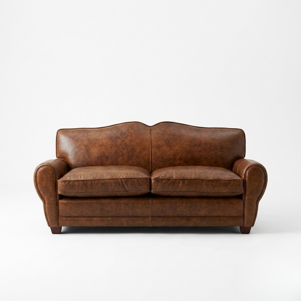 A classic two-seater loveseat sofa upholstered in distressed brown leather, shown from a front-facing perspective against a clean white studio background.