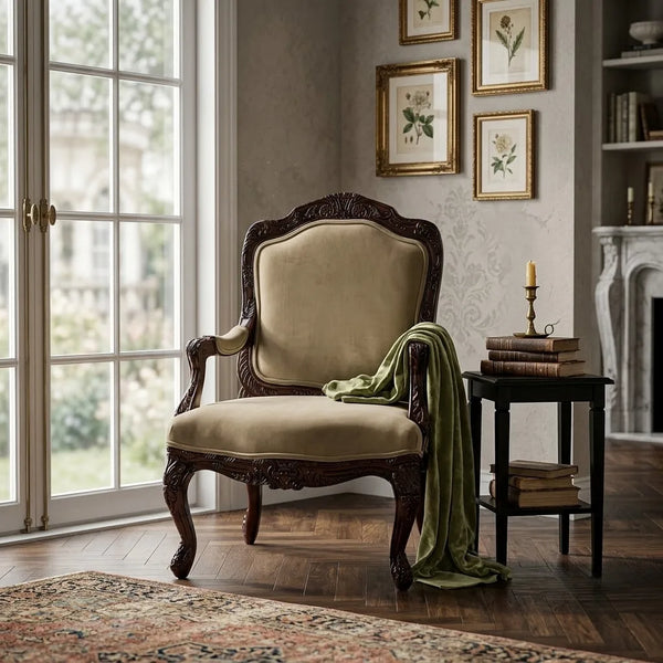 An ornate vintage-style armchair with carved dark wood and beige upholstery, placed in a decorated room beside a black side table with books and a draped green throw blanket.
