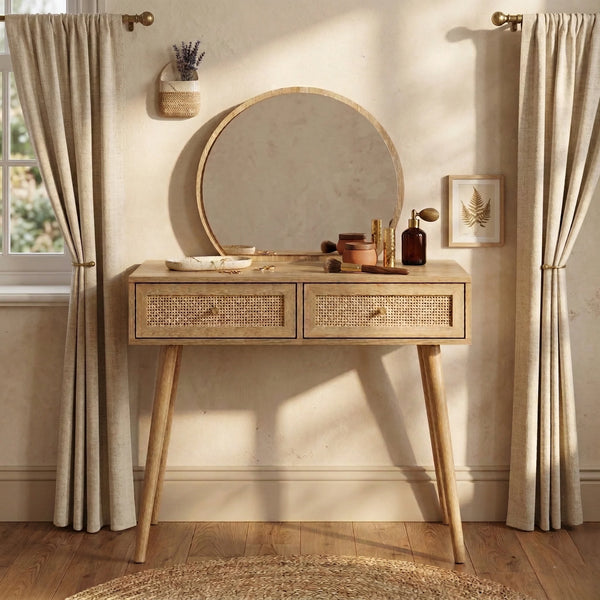Manisa Solid Wood Rattan Dressing Table With Mirror