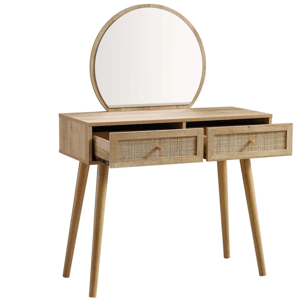 Manisa Solid Wood Rattan Dressing Table With Mirror
