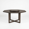 A dark brown octagonal wooden table with a matching round top insert and a geometric X-shaped base, shown on a clean white background.