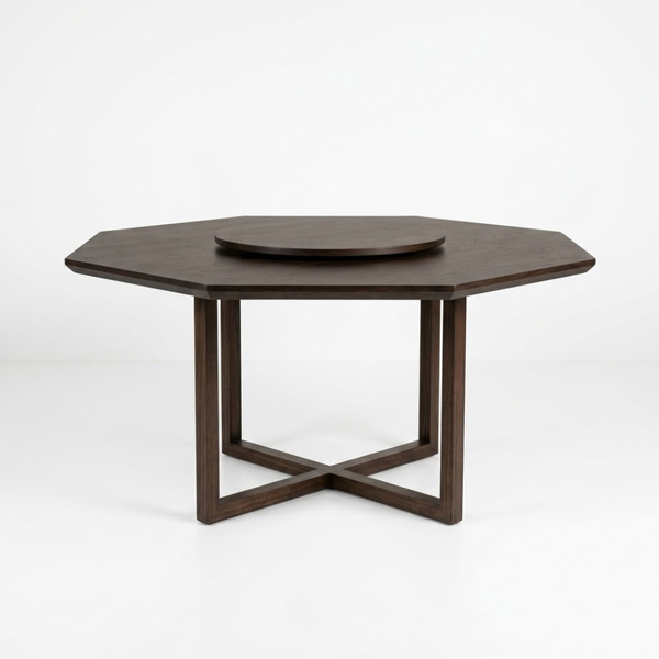 A dark brown octagonal wooden table with a matching round top insert and a geometric X-shaped base, shown on a clean white background.