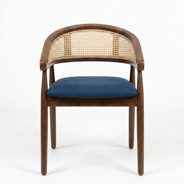 A mid-century modern accent chair with a dark brown wooden frame, a woven cane backrest, and a blue upholstered seat cushion, shown against a plain white background.
