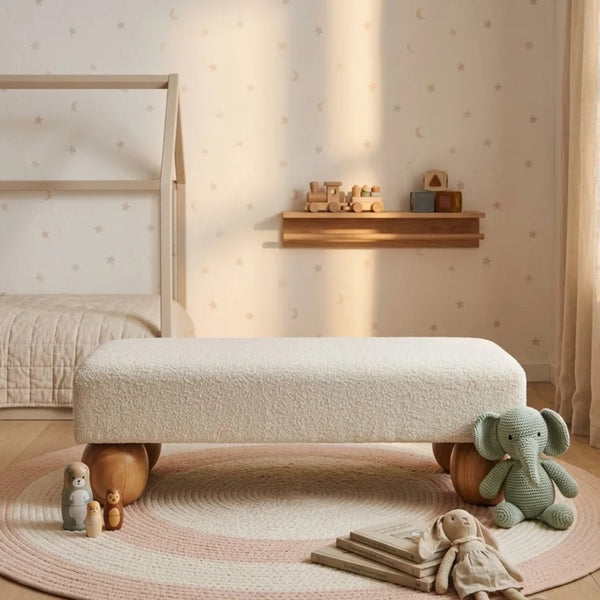 Kids cute small boucle fabric bench in white finish