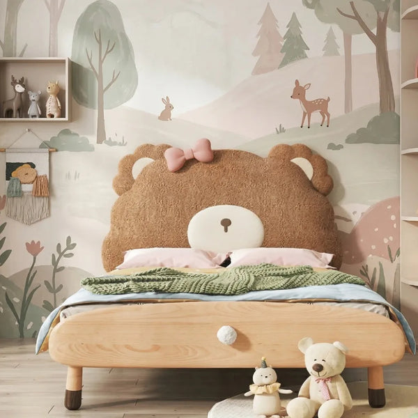 Kids cute teddy design solid wood strong bed 