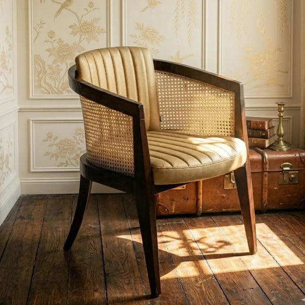 Nambour Rattan Solid Wood Leather Arm Chair 