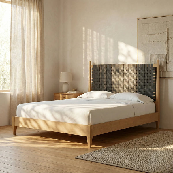 Niwar Bed With Handwoven Leather Headboard- All Sizes