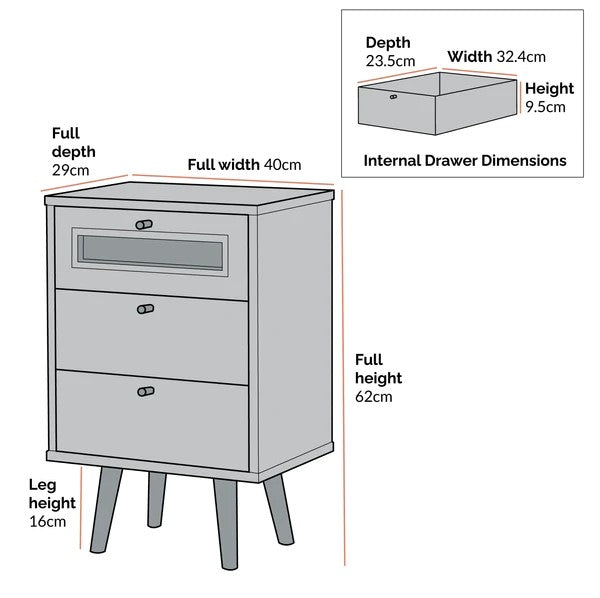 Odessa Solid Wood Three Drawer Bedside Table