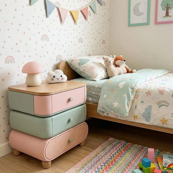 Children's bedroom with a colorful bed, nightstand, and toys.