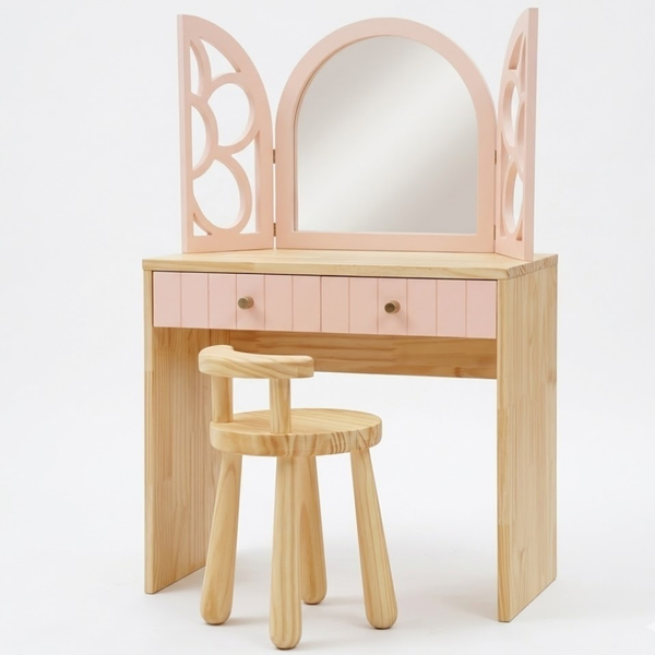 Wooden vanity table with mirror and stool on a white background