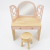 Wooden vanity table with mirror and stool on a white background