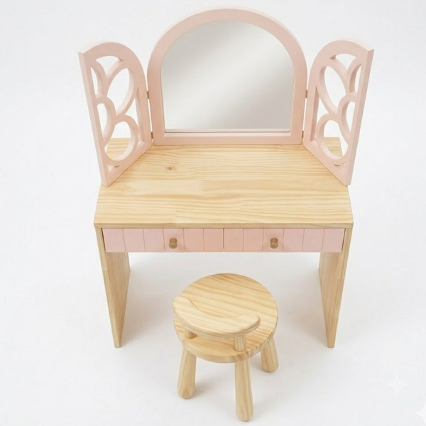 Wooden vanity table with mirror and stool on a white background