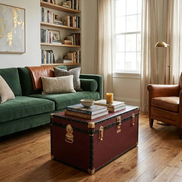 A vintage-style dark red leather trunk coffee table with gold hardware and brass latches, styled in a warm, traditional living room with a green velvet sofa, wooden floors, and a window in the background.