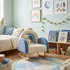 Children's room with a rocking chair, teddy bear, and colorful decor.