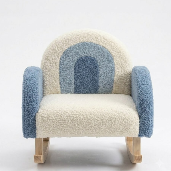 Children's rocking chair with blue and beige pattern on a white background