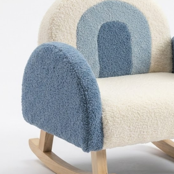 Rocking chair with blue and beige patterned backrest on a white background