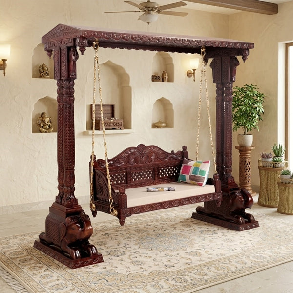 Rajasthani Solid Wood Walnut finish 2 Seater Swing Chair
