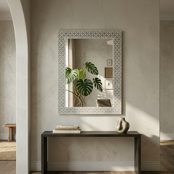 Rectangular Grey Geometric Mirror - Bone Inlay