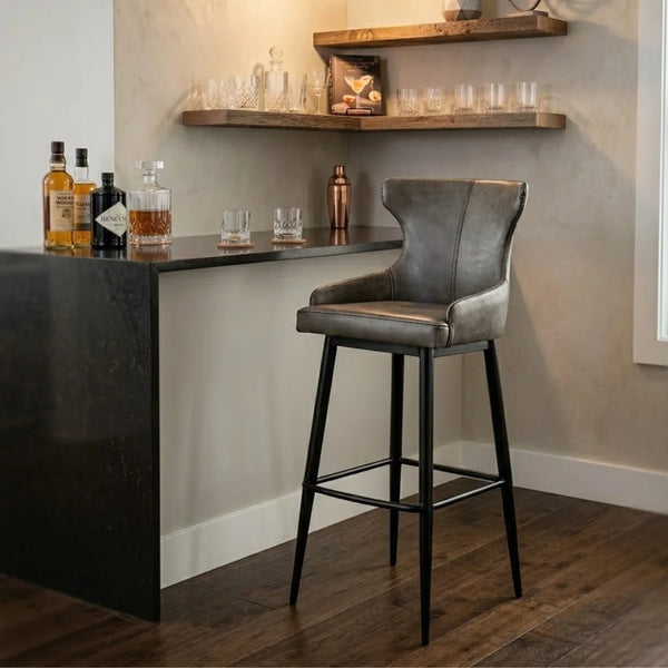Reims High Leather & steel stool with back (Grey)