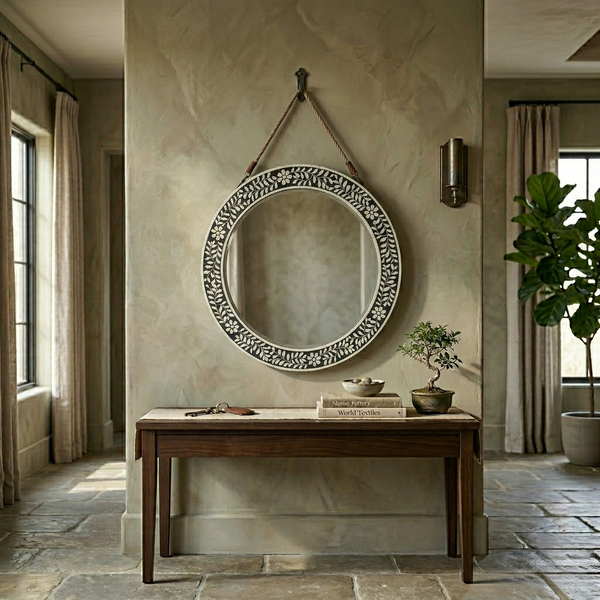 Bone Inlay Round Floral Black White Wall Mirror Frame