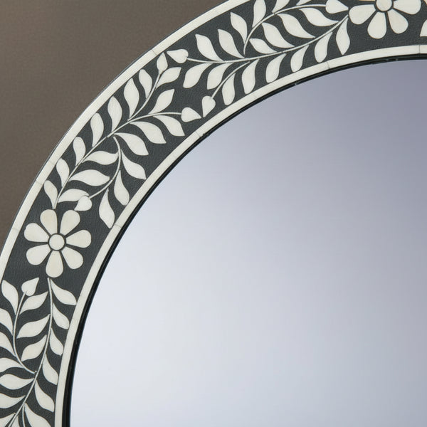 Bone Inlay Round Floral Black White Wall Mirror Frame