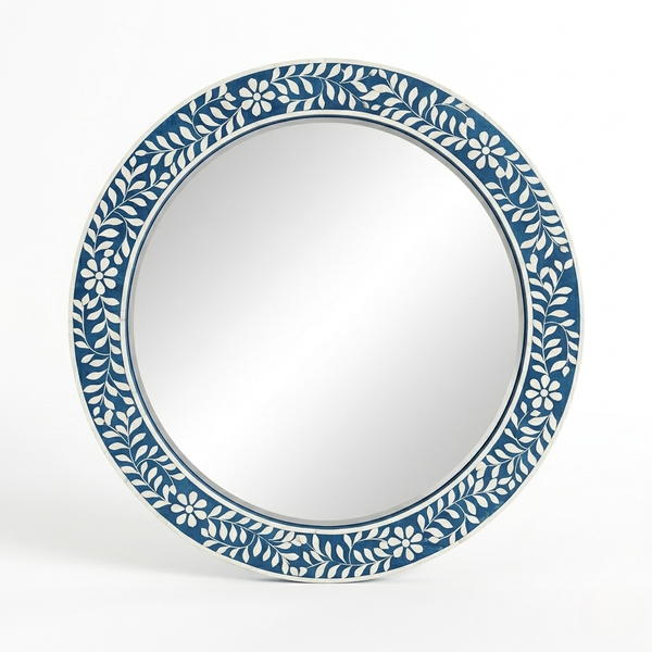 Bone Inlay Round Floral Blue Vanity Wall Mirror