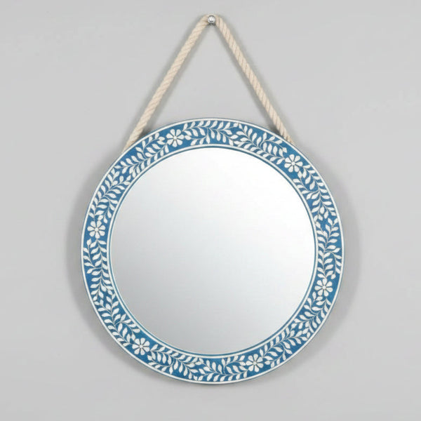 Bone Inlay Round Floral Blue Vanity Wall Mirror