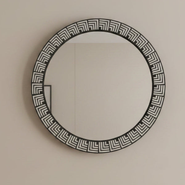 Bone Inlay Round Wall Mirror / Lattice Black