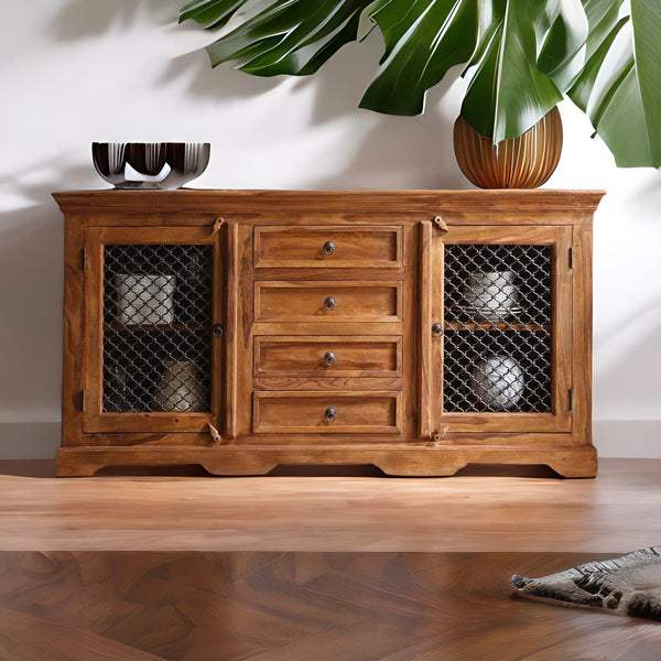 Classic Sheesham Wood Natural Sideboard With Metal Jali