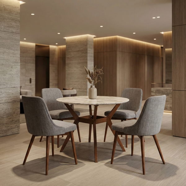 Sarina Solid Wood Round Marble Top 4 Seater Dining Table Set