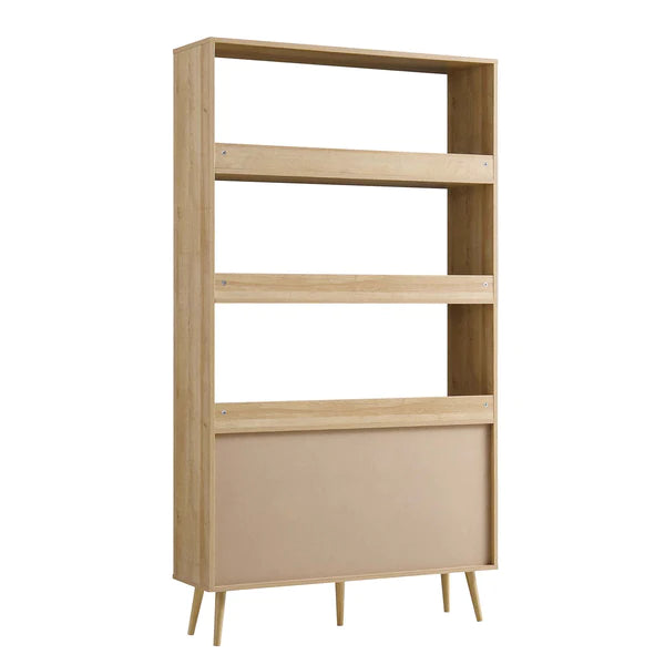 Wooden bookshelf with four shelves on a white background