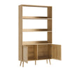 Wooden bookshelf with open cabinet doors on a white background