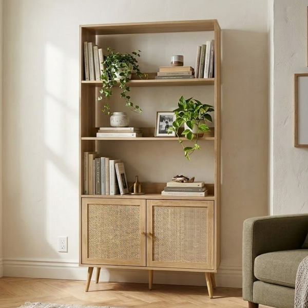 Sejong Solid Wood Rattan Bookshelf