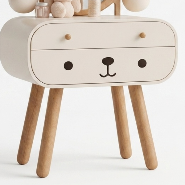 Children's side table with bear face design on a white background