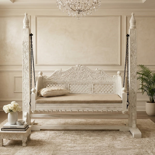 Solid Wood 2 Seater Swing Chair - White Finish