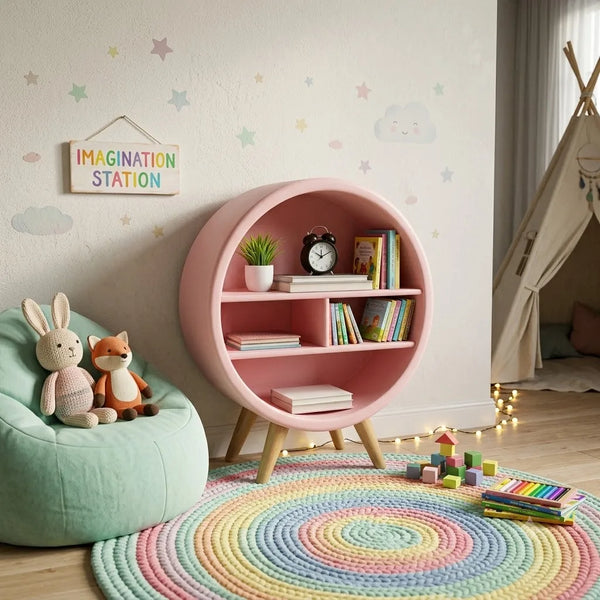Children's room with pink round shelf, green chair, and colorful toys.