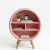 Pink circular shelf with books, a clock, and a plant on a white background