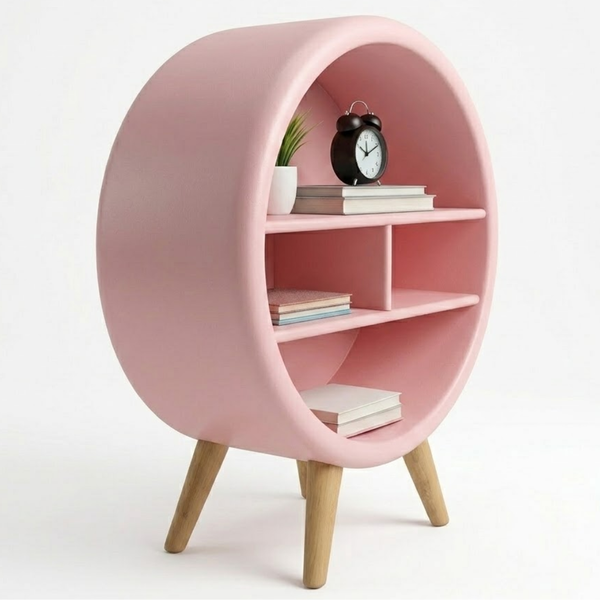 Pink circular shelf with wooden legs holding books and a clock on a white background
