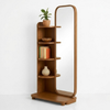 Wooden shelf with a mirror on a white background