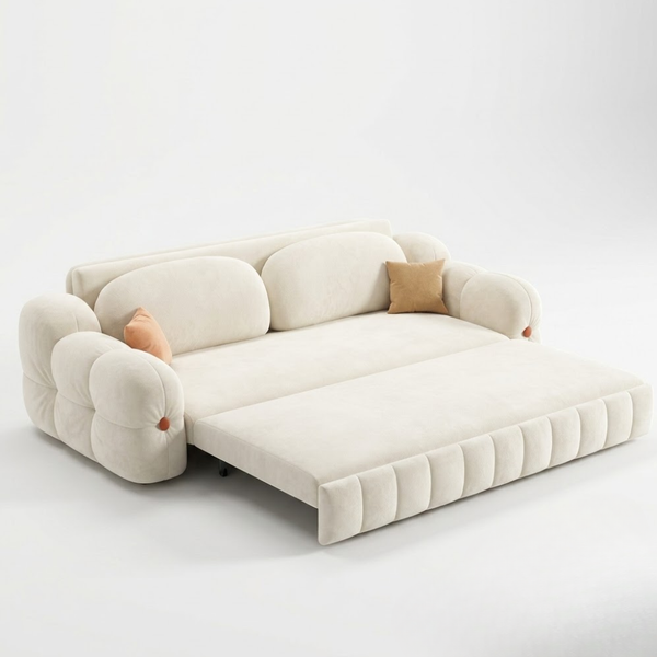 Beige sofa bed with cushions on a white background