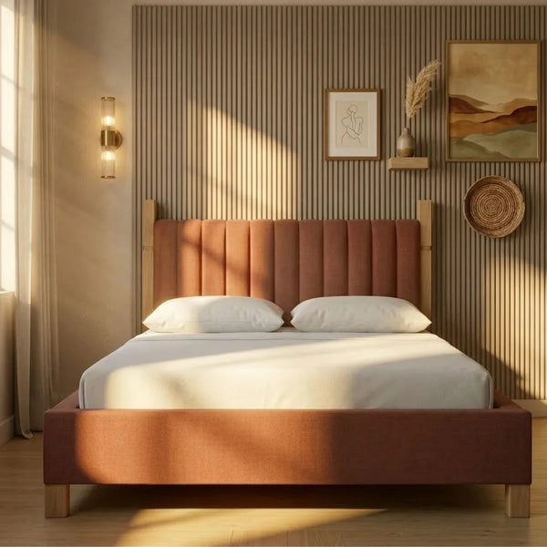 Modern stylish premium wood and fabric all sizes bed in brown color 