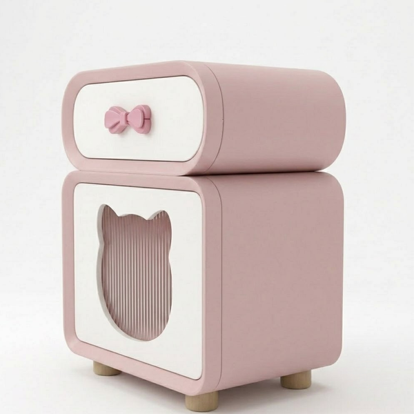 Pink and white pet litter box with a bow design on a light gray background
