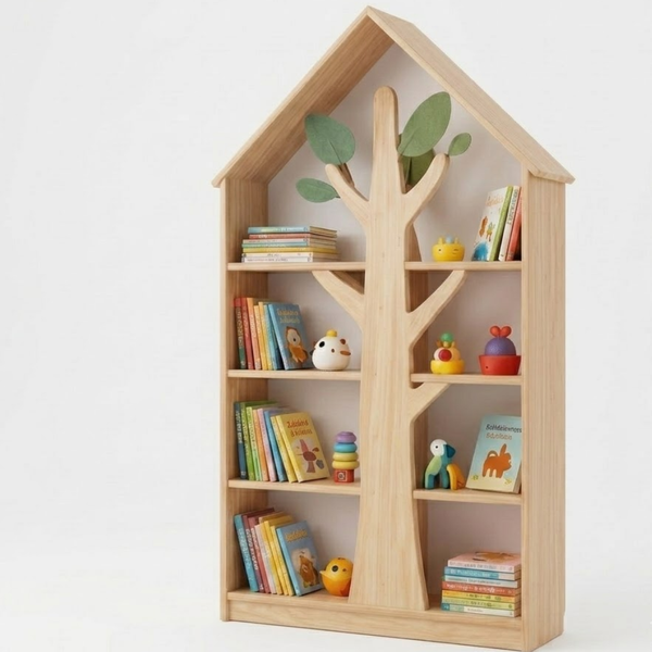 Wooden bookshelf designed like a tree with children's books and toys on a white background